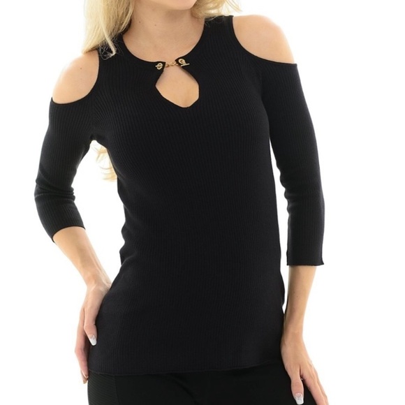Ellen Tracy Black With Gold Chain Accent Cold Shoulder Sweater Sz S - Picture 2 of 11